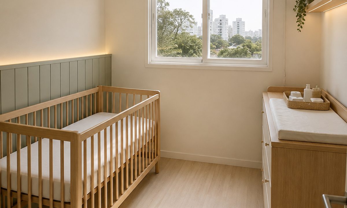 Quarto de bebê pequeno resolvido: berço afastado da janela, cômoda com superfície de troca e circulação livre