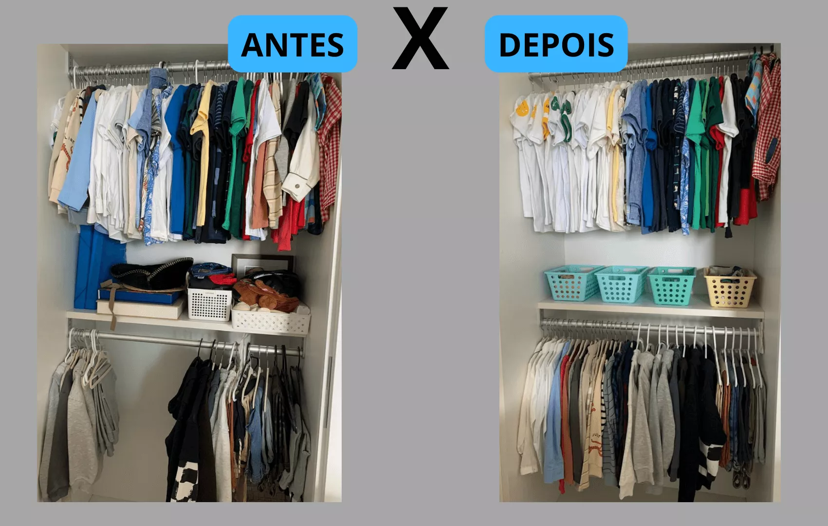 Antes e depois de um armário organizado por aluna da Jornada NIX