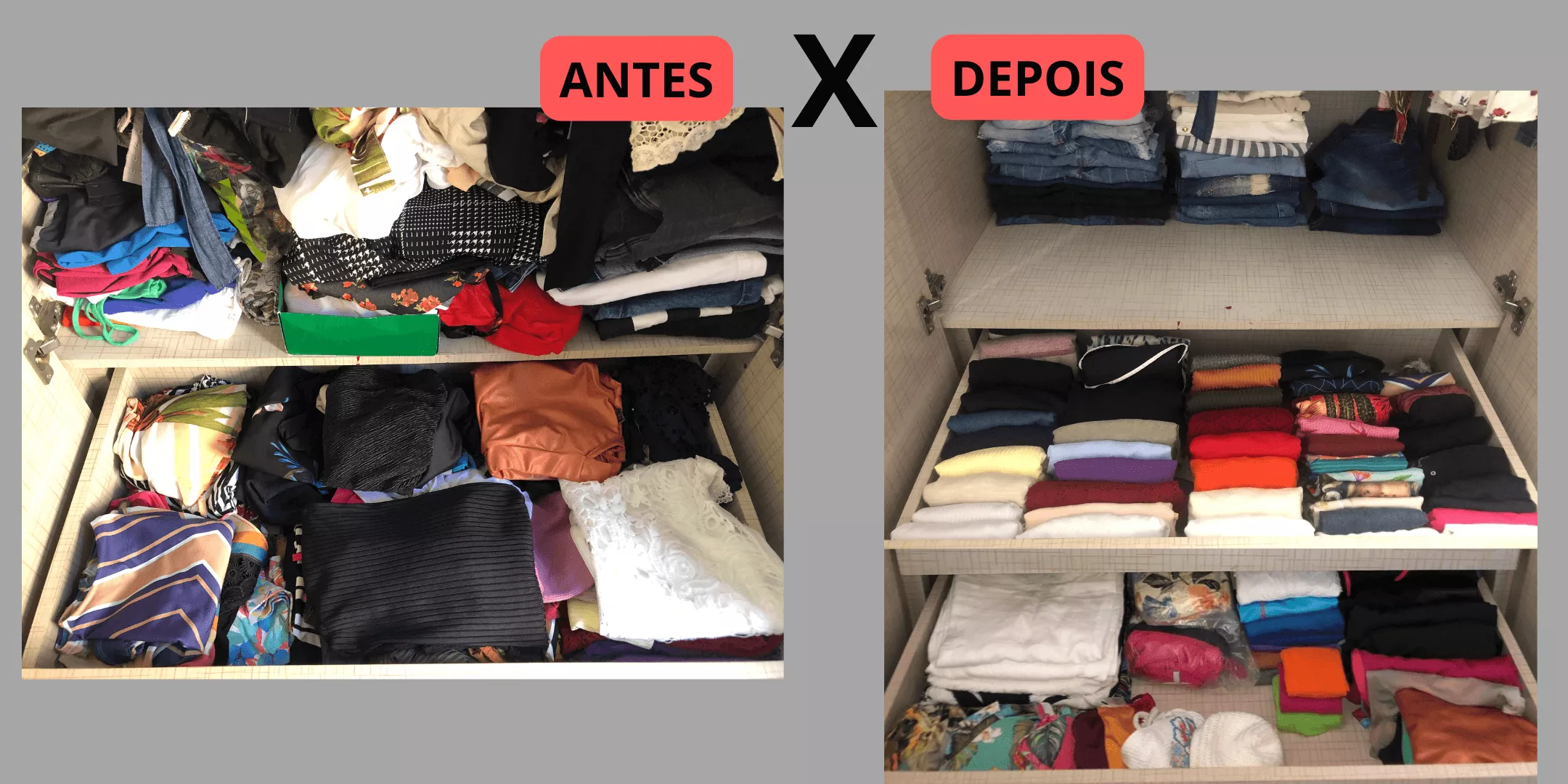Antes e depois de um armário organizado por aluna da Jornada NIX